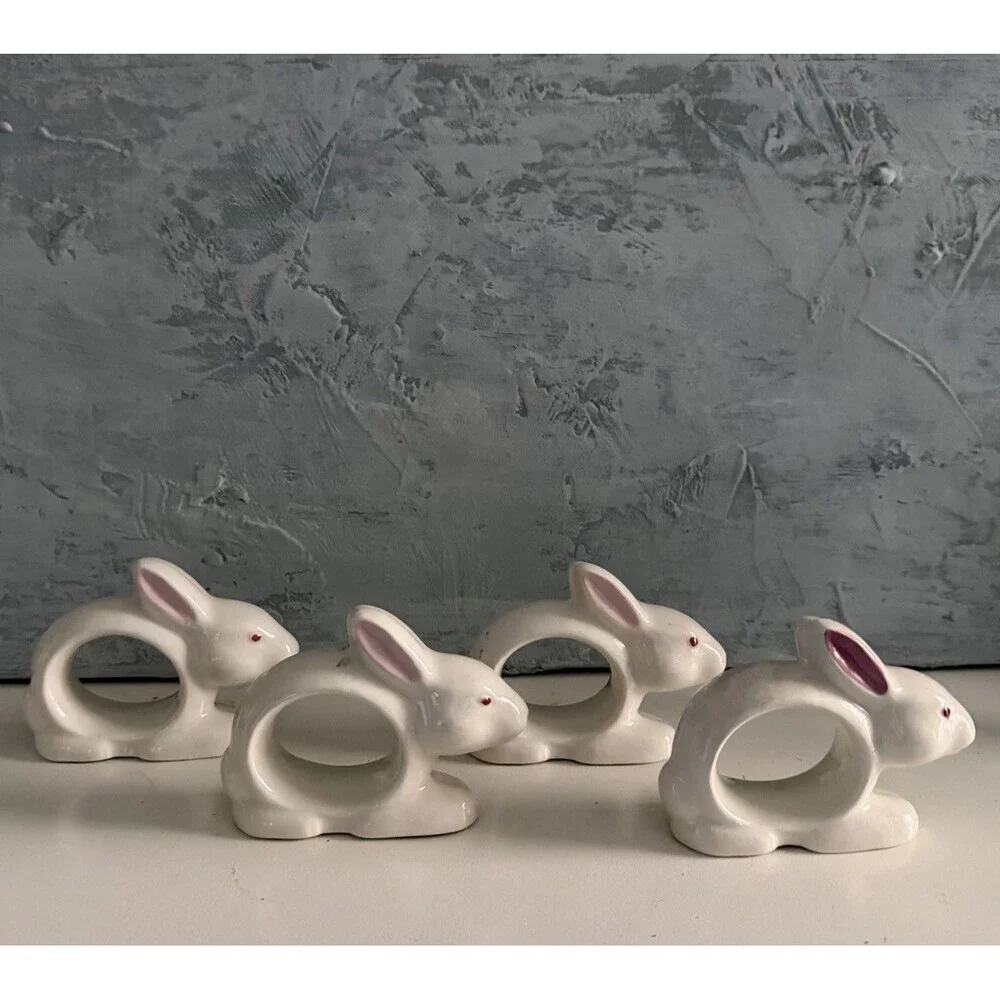 Vintage Japan White Bunny Rabbit Napkin Rings Ceramic Porcelain Easter Set Of 4